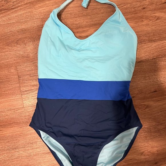 Bleu Rod Beattie Blue Striped Halter Bathing Suit - size 10 NWT - Picture 1 of 4